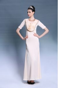 Fabulous Champagne Scoop Zipper Beading and Ruching Short Sleeves