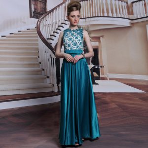High End Scalloped Sleeveless Floor Length Beading and Appliques Clasp Handle Prom Party Dress with Teal