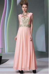 Customized Pink Column/Sheath Embroidery and Ruching Mother Of The Bride Dress Side Zipper Chiffon Cap Sleeves Ankle Len