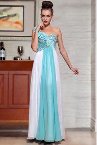 Sleeveless Ankle Length Beading and Sequins and Hand Made Flower Side Zipper Homecoming Dress with Blue And White