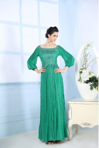 Stylish Chiffon Square 3 4 Length Sleeve Zipper Beading and Appliques and Ruching Homecoming Gowns in Green