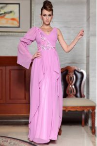 Lilac Long Sleeves Ankle Length Beading and Ruching and Pattern Side Zipper Mother Of The Bride Dress
