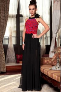 Affordable Scoop Red And Black Side Zipper Homecoming Dress Ruching and Hand Made Flower Sleeveless Floor Length