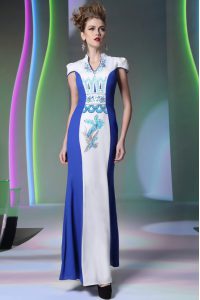Fine Blue And White V-neck Zipper Embroidery Prom Dress Cap Sleeves