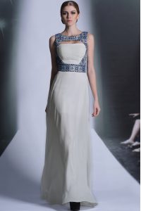 Exceptional Floor Length White Prom Gown Chiffon Sleeveless Embroidery