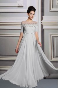 Fabulous Floor Length Silver Prom Gown Scoop Short Sleeves Zipper