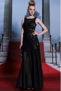 Cute Scoop Floor Length Zipper Evening Dress Black for Prom and Party with Beading and Lace and Hand Made Flower