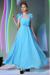 Elegant Floor Length Baby Blue Dress for Prom Chiffon Cap Sleeves Beading and Hand Made Flower