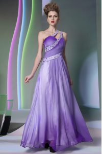 One Shoulder Sleeveless Side Zipper Floor Length Beading and Ruching Prom Party Dress