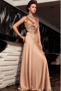 Floor Length Brown Homecoming Party Dress V-neck Sleeveless Backless
