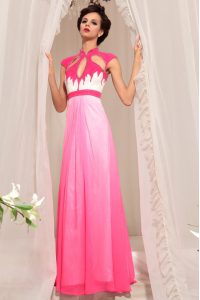 High-neck Sleeveless Homecoming Dress Floor Length Beading Hot Pink Chiffon