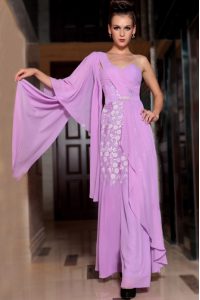 Edgy Lilac Column/Sheath Square Half Sleeves Chiffon Ankle Length Side Zipper Beading and Ruching