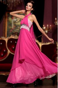 Superior Halter Top Beading and Lace Prom Evening Gown Hot Pink Zipper Sleeveless Floor Length