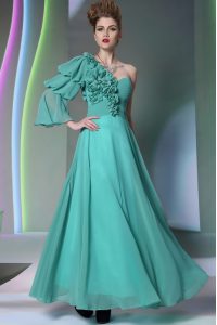 Beauteous Turquoise Prom Party Dress Prom and Party and For with Ruffles and Ruching One Shoulder Long Sleeves Zipper