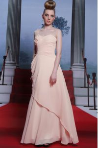 Graceful One Shoulder Baby Pink Side Zipper Prom Dress Appliques and Ruching Long Sleeves Floor Length