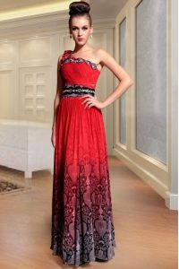 Chiffon One Shoulder Sleeveless Side Zipper Beading and Pattern and Pleated Prom Evening Gown in Red