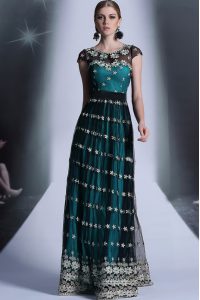Scoop Teal Empire Appliques and Pleated Prom Dress Side Zipper Organza Cap Sleeves Floor Length