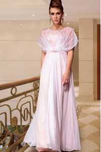 Most Popular Pink Scoop Neckline Beading Prom Gown Cap Sleeves Side Zipper
