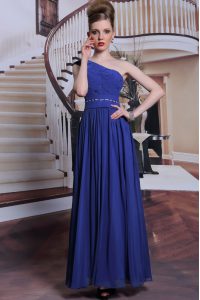 One Shoulder Floor Length Royal Blue Prom Gown Chiffon Sleeveless Beading and Pleated