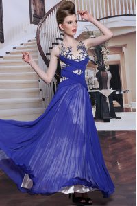 Royal Blue Ball Gowns Chiffon Sleeveless Sequins and Pleated Floor Length Zipper Cocktail Dresses