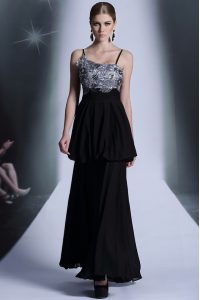 Black Spaghetti Straps Side Zipper Embroidery and Sequins and Hand Made Flower Prom Dress Sleeveless