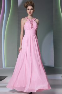 High End Halter Top Sleeveless Chiffon Floor Length Side Zipper Prom Evening Gown in Rose Pink with Beading