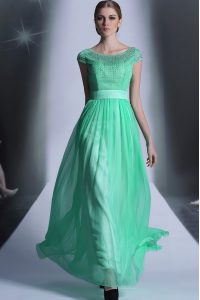 Cute Scoop Turquoise Cap Sleeves Beading Floor Length Prom Dresses