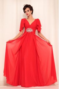 Superior Red Empire Chiffon V-neck Short Sleeves Beading Floor Length Zipper Prom Dresses