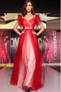 High Quality V-neck Sleeveless Zipper Dress for Prom Red Organza
