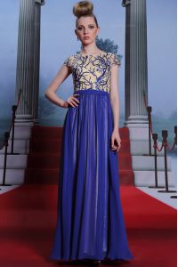 Scoop Royal Blue Column/Sheath Embroidery and Sequins Prom Dresses Zipper Chiffon Cap Sleeves Floor Length