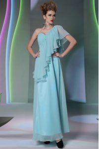 Glorious One Shoulder Cap Sleeves Ankle Length Ruffles Side Zipper Homecoming Dress with Light Blue
