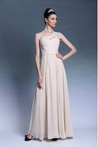 Exceptional One Shoulder Champagne Sleeveless Floor Length Beading and Ruching Side Zipper Homecoming Dress
