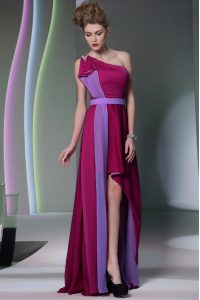 Sweet One Shoulder Sleeveless Chiffon High Low Side Zipper Celebrity Prom Dress in Burgundy with Beading and Sashes ribb