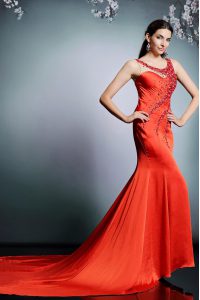 Dazzling Coral Red Satin Side Zipper Scoop Sleeveless Homecoming Dress Court Train Beading