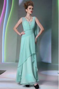 Free and Easy Square Sleeveless Floor Length Sequins and Ruching Turquoise Chiffon