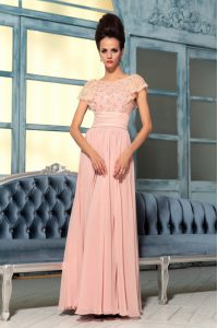 Fantastic Pink Empire Bateau Cap Sleeves Chiffon Floor Length Side Zipper Lace and Hand Made Flower Prom Gown