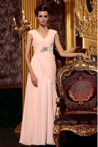 Chic Cap Sleeves Side Zipper Floor Length Beading and Embroidery and Ruching Evening Dress
