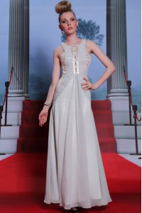 Silver Column/Sheath Scoop Sleeveless Chiffon Floor Length Side Zipper Beading and Appliques and Ruching Prom Dress