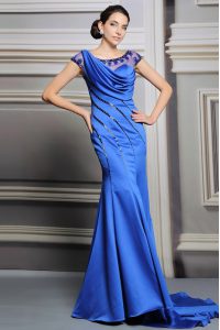 Blue Empire Satin Scoop Sleeveless Beading Zipper Dress for Prom Court Train
