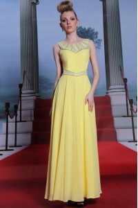 Scoop Yellow Column/Sheath Lace Prom Evening Gown Side Zipper Chiffon Sleeveless Floor Length