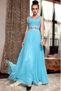 Suitable Baby Blue Prom and Party and For with Beading and Appliques and Ruching V-neck Sleeveless Side Zipper