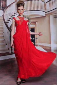 Scoop Red Chiffon Side Zipper Prom Evening Gown Sleeveless Floor Length Beading and Appliques