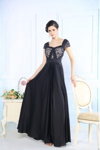 Perfect Cap Sleeves Floor Length Beading Zipper Mother Of The Bride Dress with Black