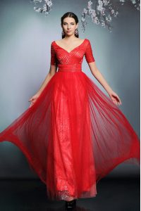 Pretty Red V-neck Neckline Sequins Evening Dress Short Sleeves Zipper