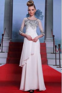 Suitable Scoop 3 4 Length Sleeve Chiffon Prom Dresses Beading and Appliques Zipper