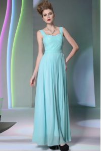 Aqua Blue Zipper Straps Beading Prom Gown Chiffon Sleeveless