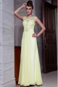 Light Yellow Column/Sheath Chiffon Scoop Cap Sleeves Beading and Hand Made Flower Floor Length Zipper Prom Dresses