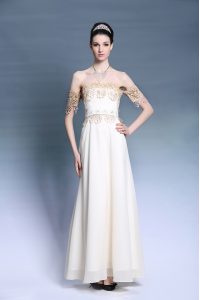 White Off The Shoulder Zipper Appliques Prom Evening Gown Short Sleeves