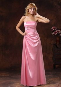 Rose Pink Satin Strapless Prom Dress for End of Year Socials with Ankle-length