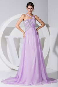 Asymmetrical Beading Decorated Lilac Chiffon Formal Prom Dress with Brush